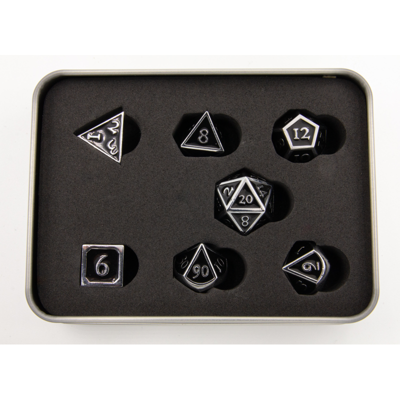 Black Shadow Set of 7 Metal Polyhedral Dice with Silver Numbers