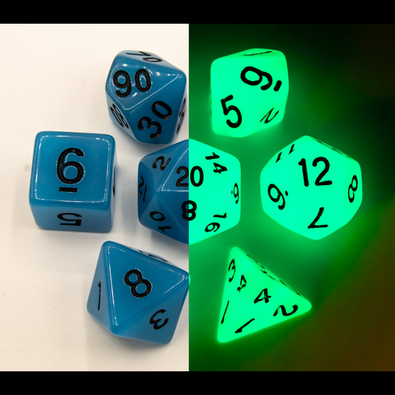 Blue Set of 7 Glow In Dark Polyhedral Dice with Black Numbers