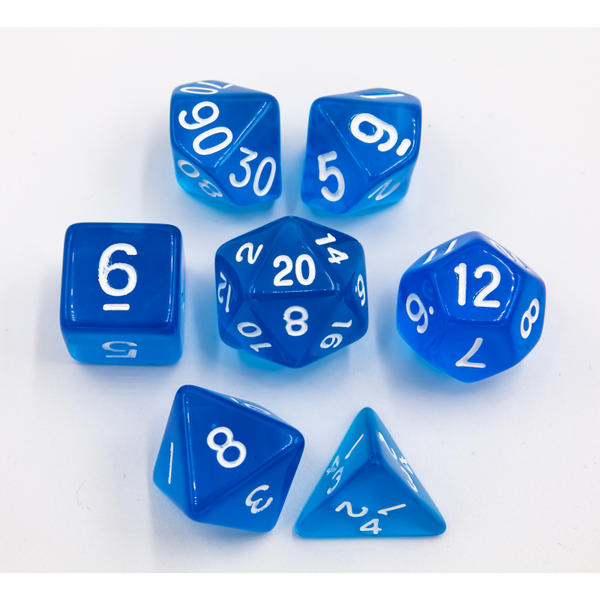 Blue Set of 7 Transparent Polyhedral Dice with White Numbers