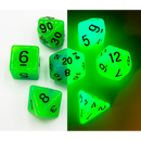 Blue/Green Set of 7 Fusion Glow In Dark Polyhedral Dice with Black Numbers