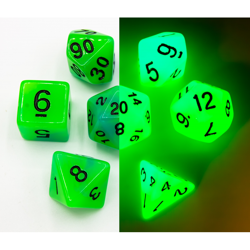 Blue/Green Set of 7 Fusion Glow In Dark Polyhedral Dice with Black Numbers