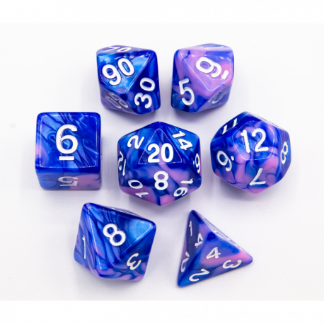 Blue/Pink Set of 7 Fusion Polyhedral Dice with White Numbers