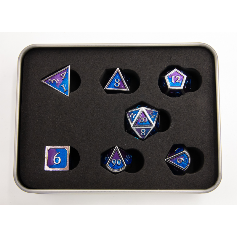 Blue/Purple Set of 7 Metal Polyhedral Dice with Silver Numbers