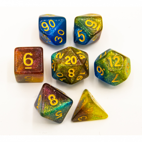 Blue/Purple/Yellow Set of 7 Galaxy Polyhedral Dice with Gold Numbers