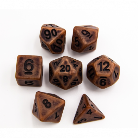 Copper Set of 7 Ancient Polyhedral Dice with Black Numbers