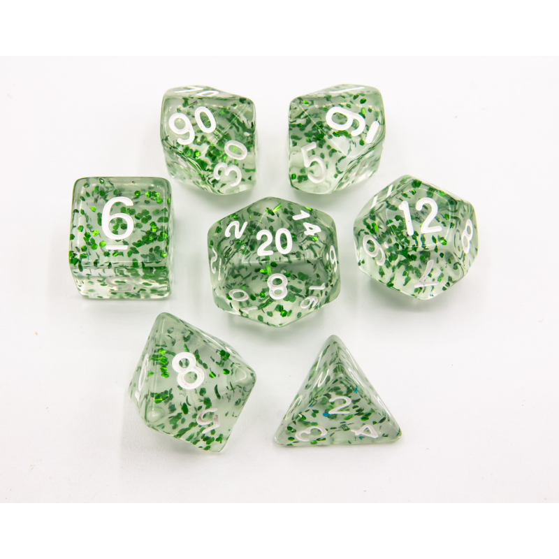 Green Set of 7 Glitter Polyhedral Dice with White Numbers