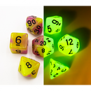 Green/Pink Set of 7 Fusion Glow In Dark Polyhedral Dice with Black Numbers