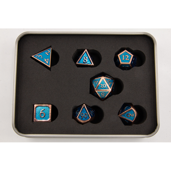 Light Blue Shadow Set of 7 Metal Polyhedral Dice with Copper Numbers