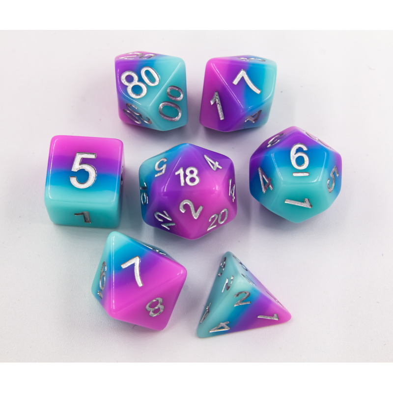 Light Blue/Blue/Purple Set of 7 Multi-layer Polyhedral Dice with Silver Numbers