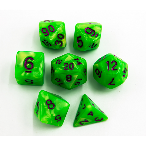 Neon Green Set of 7 Marbled Polyhedral Dice with Purple Numbers for D20 based RPG's