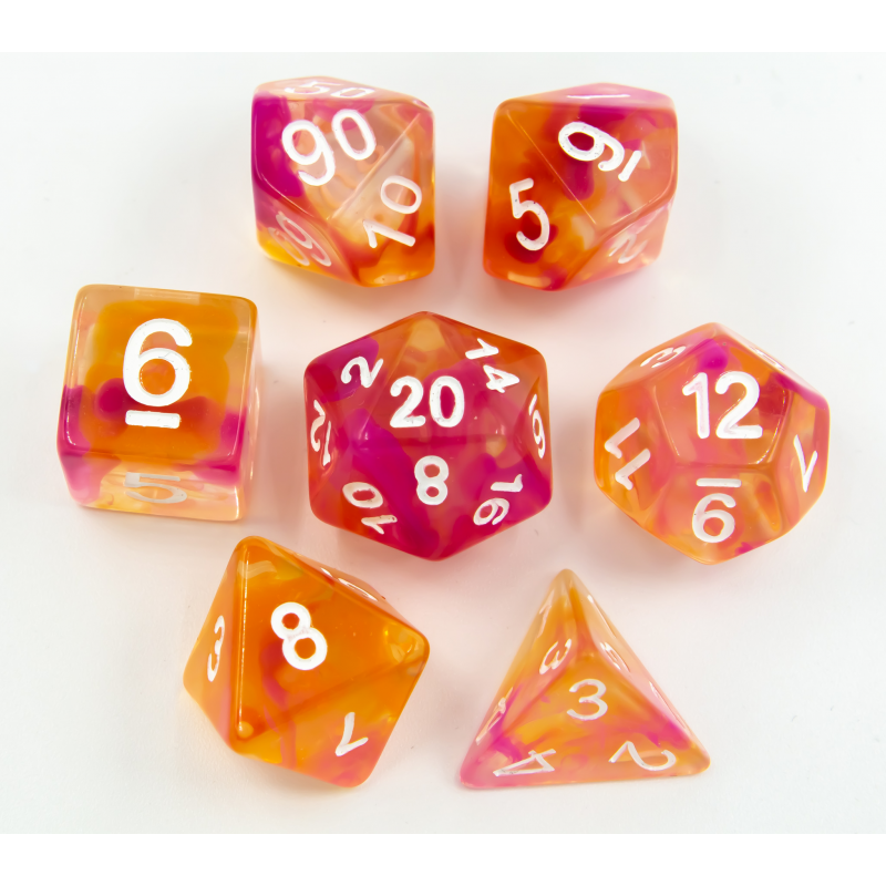 Orange/Pink Set of 7 Swirl Polyhedral Dice with White Numbers