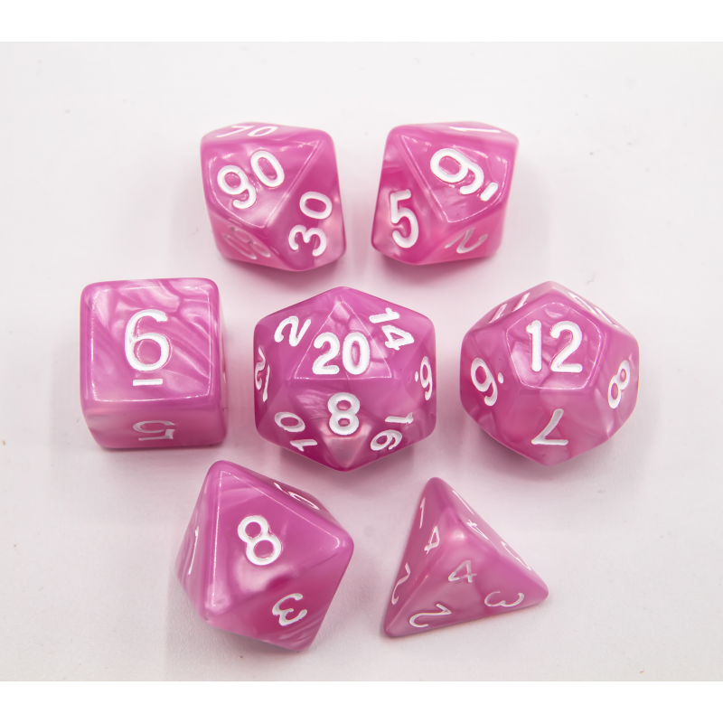 Pink Set of 7 Marbled Polyhedral Dice with White Numbers