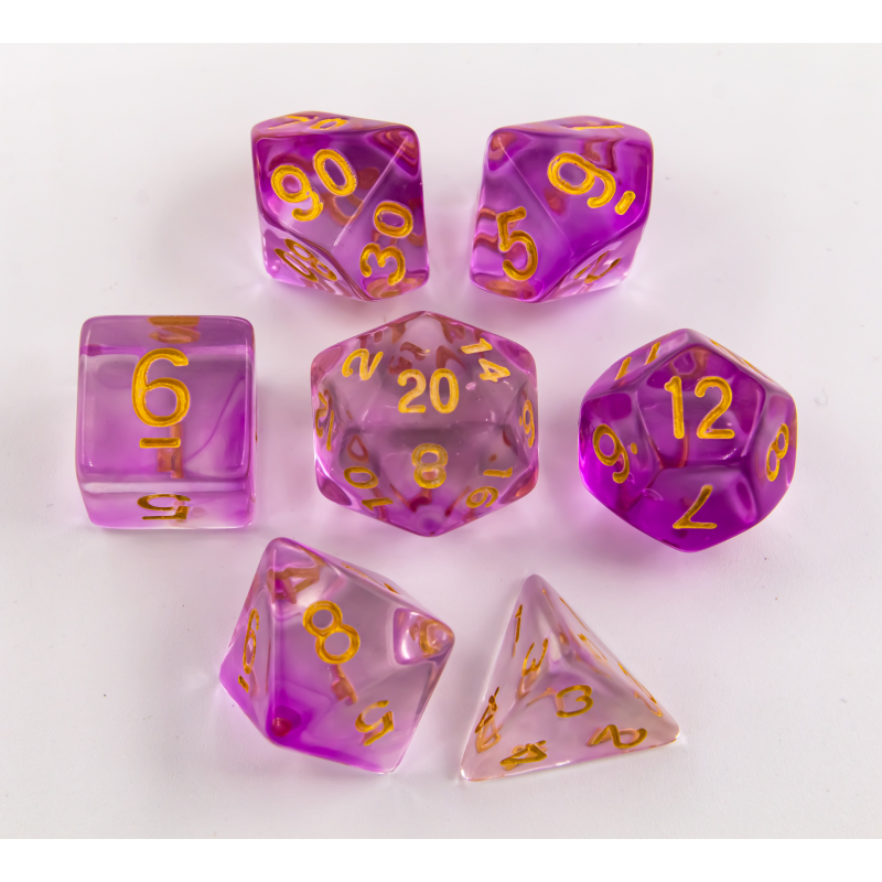 Purple Set of 7 Nebula Polyhedral Dice with Gold Numbers