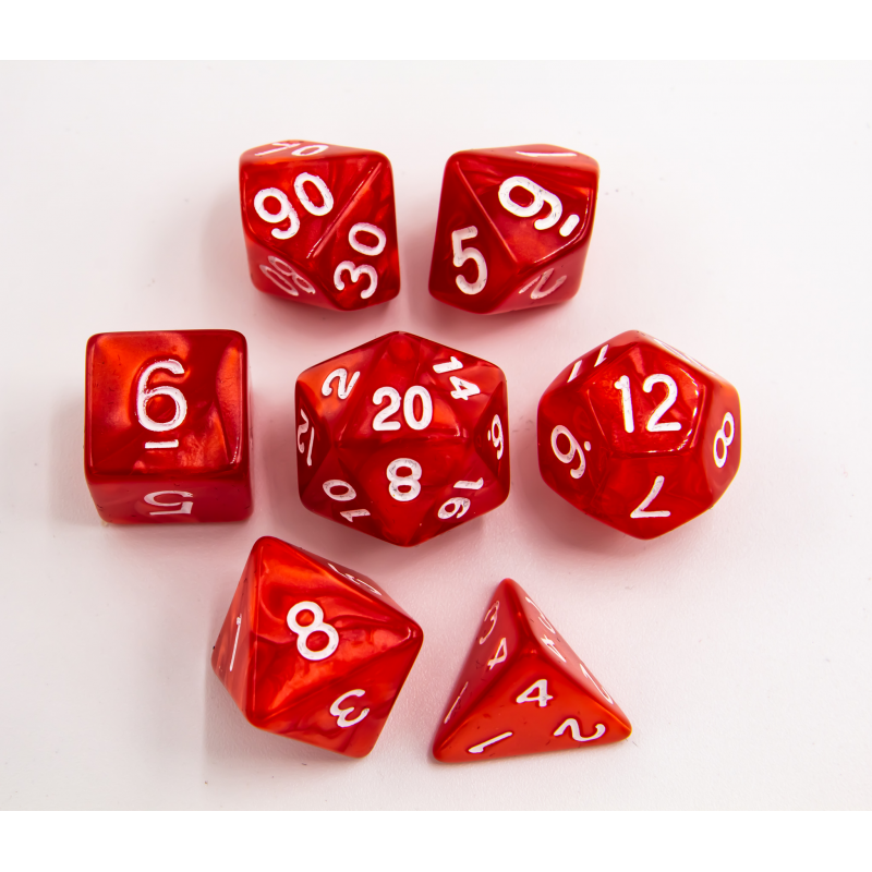 Red Set of 7 Marbled Polyhedral Dice with White Numbers