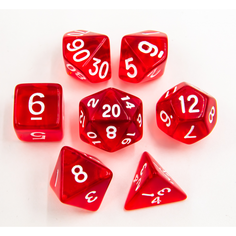 Red Set of 7 Transparent Polyhedral Dice with White Numbers