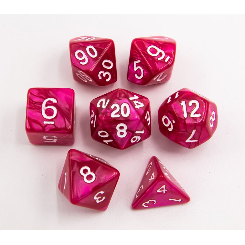 Rose Red Set of 7 Marbled Polyhedral Dice with White Numbers