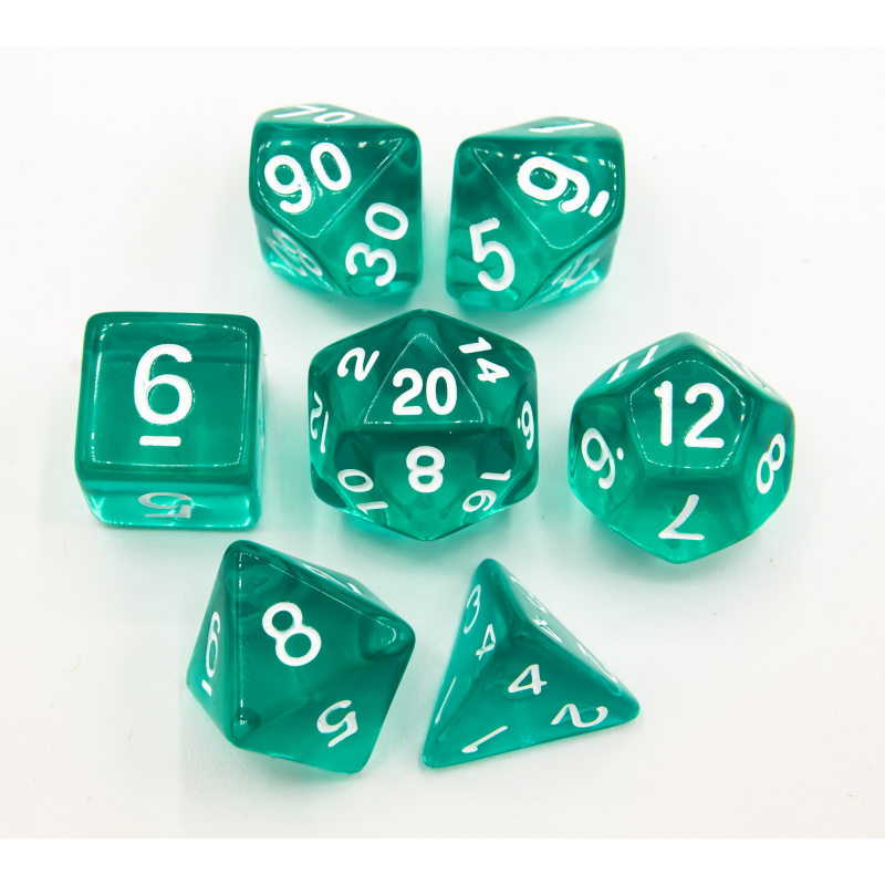 Teal Set of 7 Transparent Polyhedral Dice with White Numbers