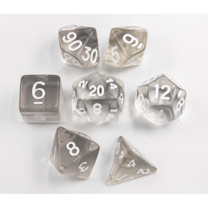 White Set of 7 Transparent Polyhedral Dice with White Numbers