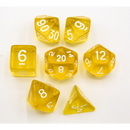 Yellow Set of 7 Transparent Polyhedral Dice with White Numbers