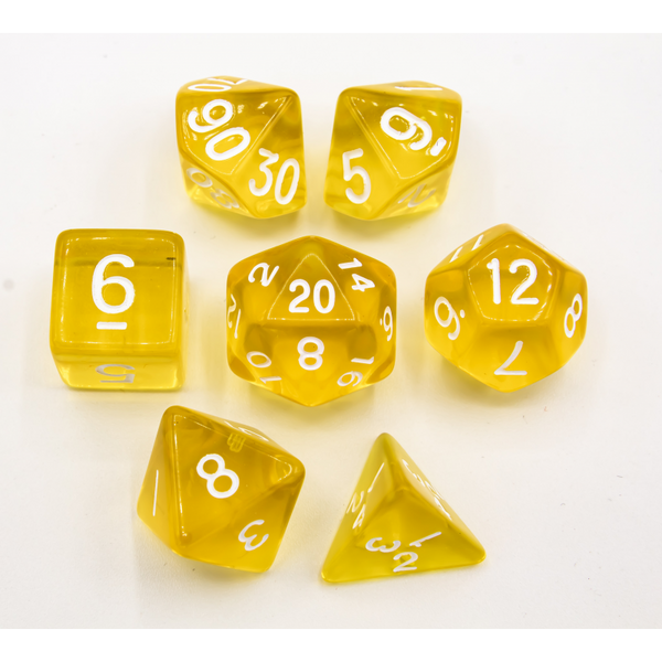 Yellow Set of 7 Transparent Polyhedral Dice with White Numbers