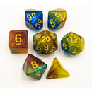 Blue/Purple/Yellow Set of 7 Galaxy Polyhedral Dice with Gold Numbers  Fair Game Video Games