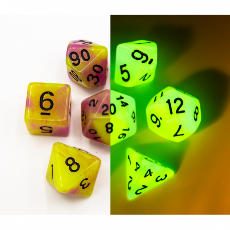 Green/Pink Set of 7 Fusion Glow In Dark Polyhedral Dice with Black Numbers  Fair Game Video Games